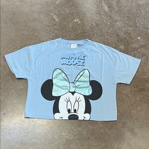 Zara Disney Light Blue Minnie Mouse girls 11-12 Tee metallic bow